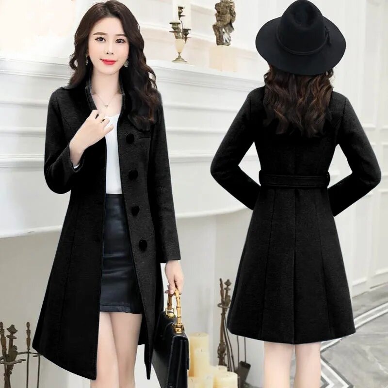 Осенне-зимняя женская шерстяная куртка, новое корейское приталенное шерстяное базовое пальто с воротником-стойкой, женская верхняя одежда, топы C1746