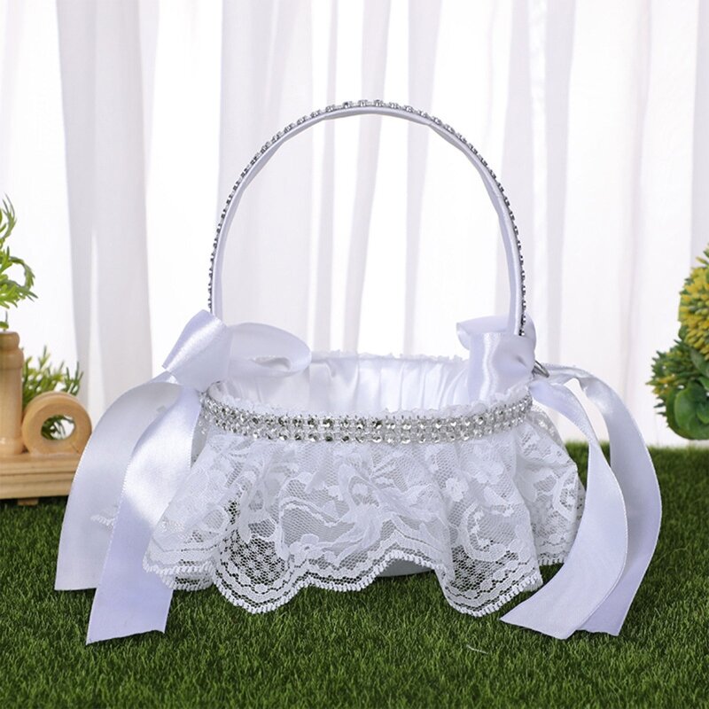 Flor menina cesta para casamento pequeno cetim branco envolto com renda avestruz fluff falso pérolas arcos flores sortidas estilo