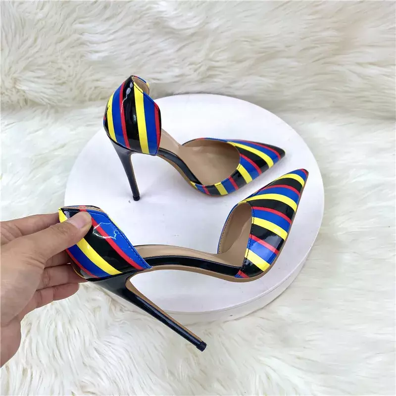 Black white stripe pointed toe 8cm 10cm 12cm high heels sexy elegant slip on plus size fashion women pumps