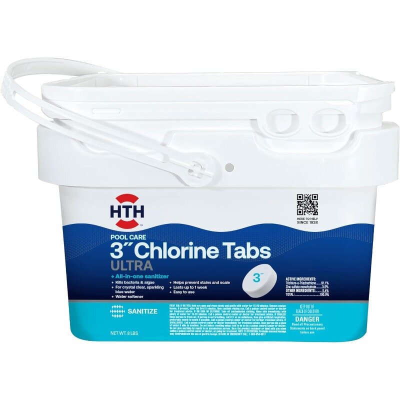 Comprimidos de cloro para piscinas, Ultra, embrulhados individualmente, 8lb, 3 ", HTH 42056W