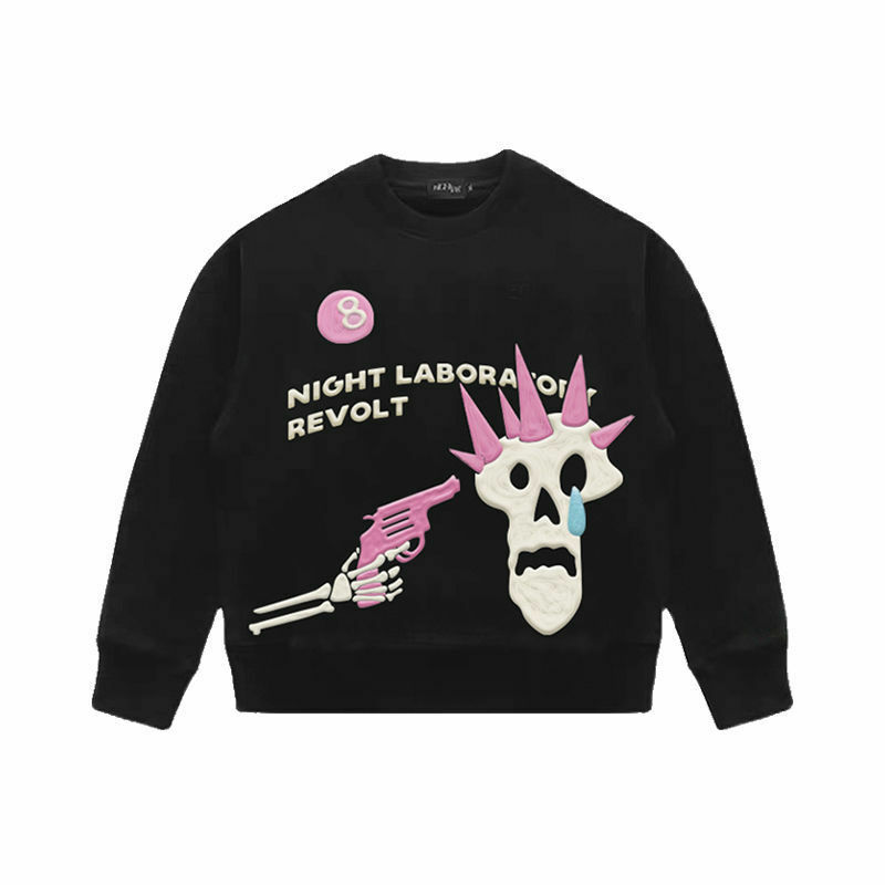Punk Skull Print Sweatshirt Hoodie Original Retro American Style Loose Round Neck Sweater Men Women Long Sleeved Tops Streetwear