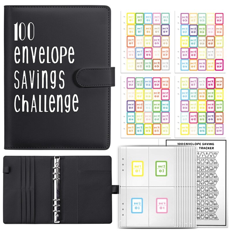1Set A5 Binder uang buku tabungan Kit buatan dengan amplop uang buku tantangan hemat untuk menghemat 5,050 hitam