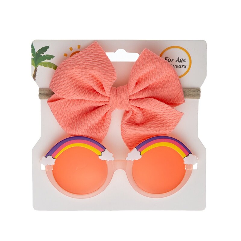 Kids Sunglasses Girls Set Cute Anti-UV Rainbow Print Sunglasses and Bow Headband Accessories for Photography