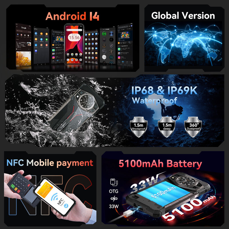 Cubot KINGKONG AX、超薄型頑丈スマートフォン Android 14、Helio G99、24GB RAM(12GB+12GB 拡張)、256GB ROM、6.583 インチ FHD+ スクリーン、120Hz、デュアルスクリーン、100MP カメラ、NFC、4G アンドロイド携帯電話、androidスマホ、耐衝撃性スマホ、OTG smartphone、デュアルSIMデュアル4G 防水携帯電話