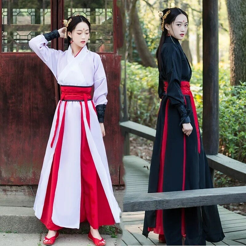 Gaun Tiongkok hitam seni bela diri Hanfu jubah wanita sulaman gaun wanita gaya Tiongkok kostum Cosplay tari rakyat pakaian tradisional