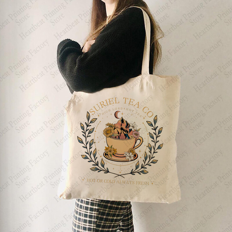 Suriel-Bolso de mano con patrón de té Co para mujer, bolsa de hombro de lona para amantes de los libros, viaje diario, bolso de compras reutilizable