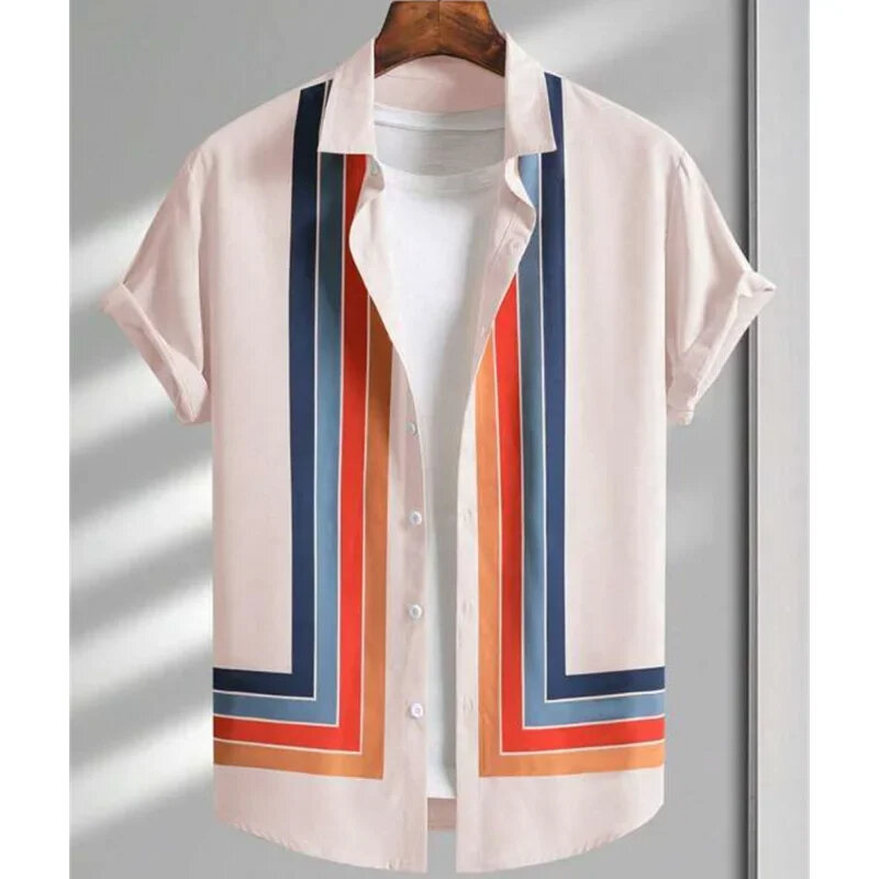 Camisa masculina listrada simples estampada em 3D, casual e elegante, camisa de manga curta, abotoa a lapela, roupa de rua, blusa tamanho grande