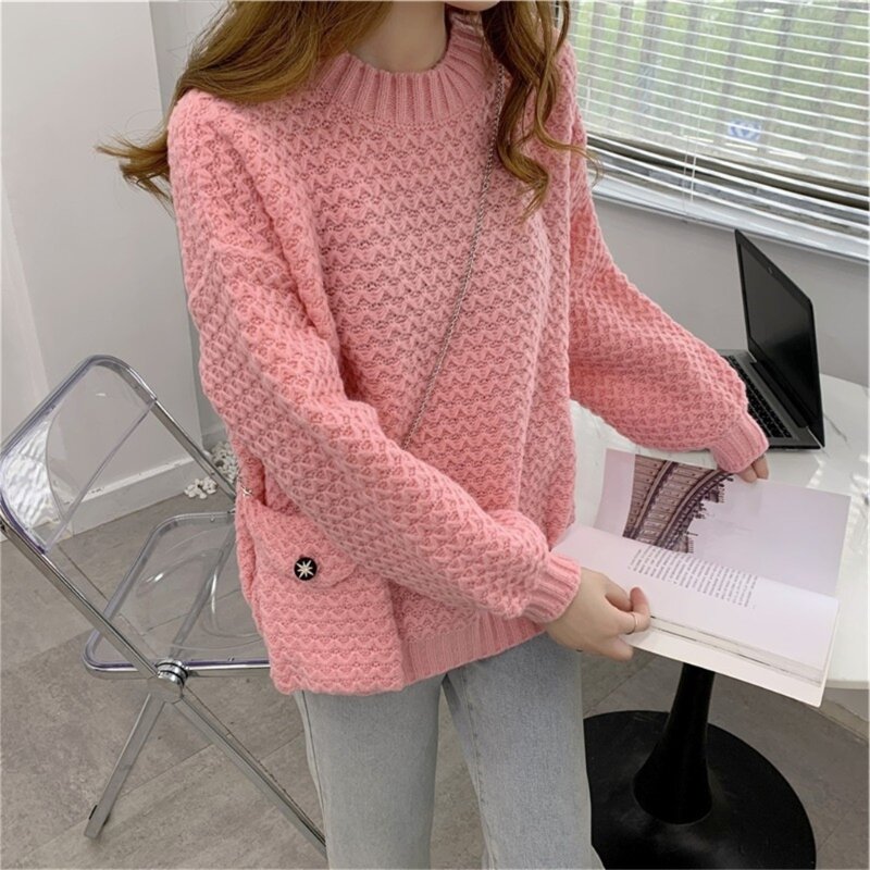 Womens Loose Fit Long Sleeve Neck Sweater Solid Color Knitted Pullover Top 066C