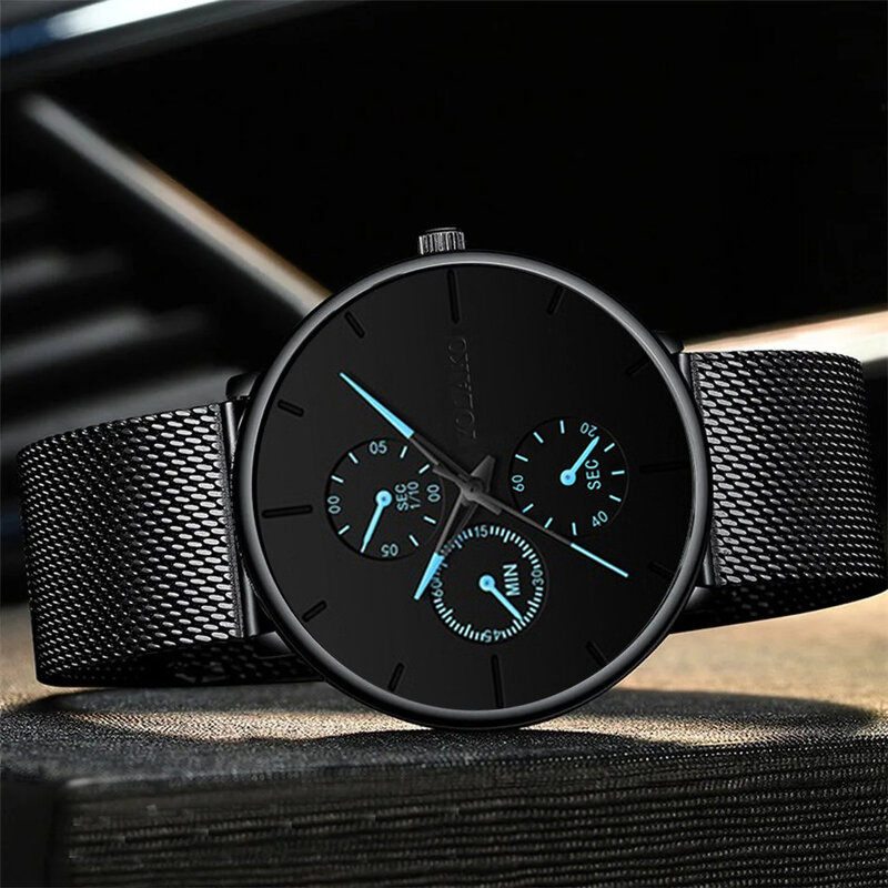 Jam tangan bisnis pria, 3 buah Set Fashion, jam tangan gelang hitam, kalung mewah Ultra tipis, sabuk jala Stainless Steel, jam kuarsa