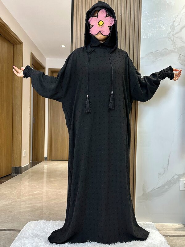 Vestidos muçulmanos de algodão sólido para mulheres, Ramadan Kaftan, Abaya, Dubai, Turquia, Islã, Roupas de oração, Novo, Dois chapéus