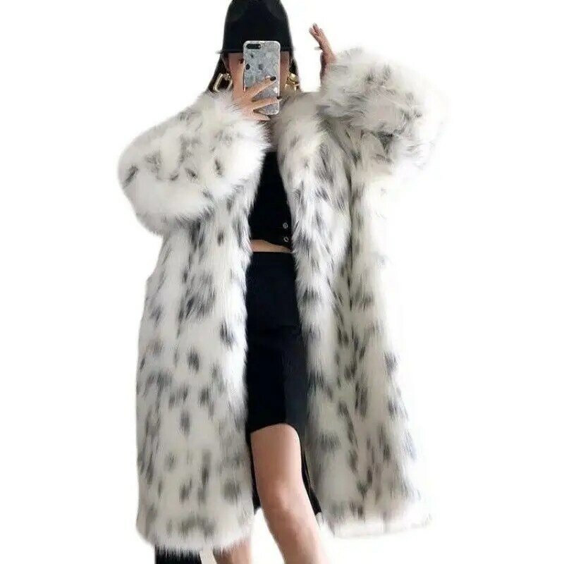 Jaket bulu buatan wanita, kardigan perempuan elegan modis, hangat, kasual, ukuran besar musim dingin 2024