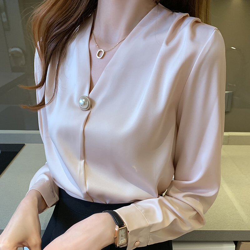 Blusa de gasa con cuello en V y botones de perlas de satén para mujer, blusa Lisa holgada de manga larga para oficina, blusa para mujer 2023