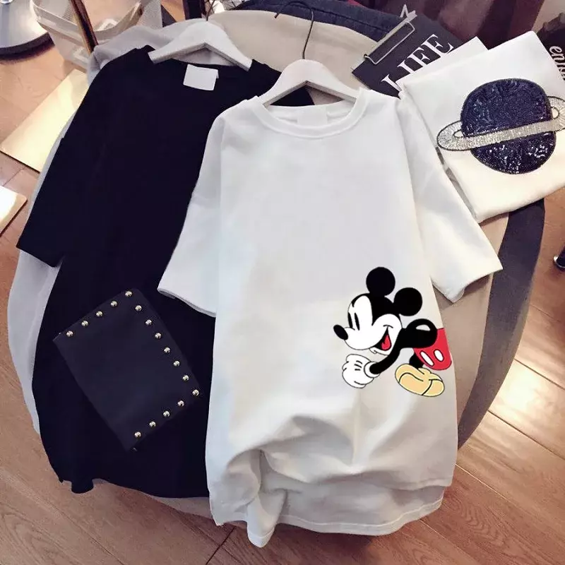 Disney-camiseta feminina de Mickey Mouse desenho animado de comprimento médio, manga curta, blusa larga, tamanho grande, nova, verão