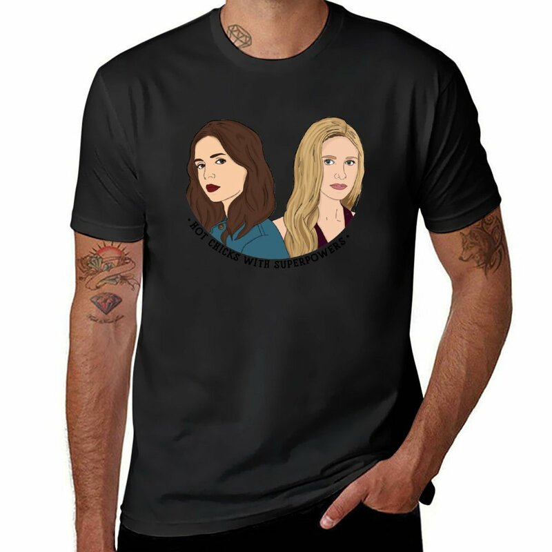 Buffy & Faith-Camiseta Masculina de Algodão Estético BTVS, Roupas Pretas