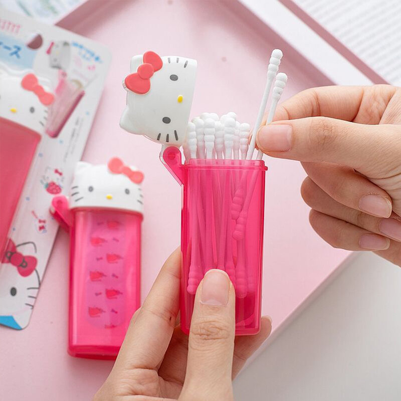 Boîte de rangement portable Hello Kitty, mini tube de cure-dents Kawaii Anime Kt Cat, boîte de rangement de coton-tige de maquillage de voyage, conteneur de fil dentaire avec miroir