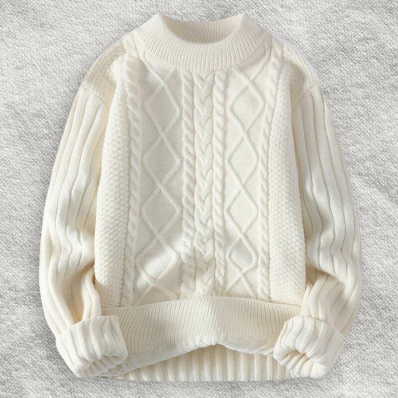 Męski sweter męski jednolity kolor sweter z okrągłym dekoltem przytulny męski zimowy sweter grube przeszycie miękki okrągły dekolt odporny na zimno