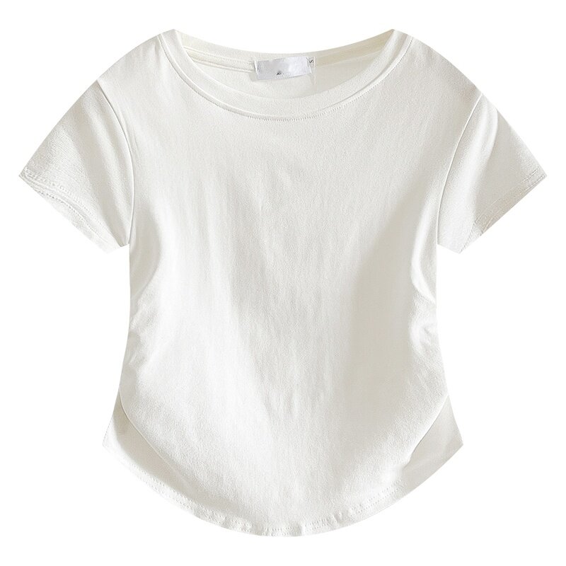 Camiseta chique de manga curta feminina com tudo combina com pulôver em gola redonda, roupa plissada, moda casual, nova, verão, 2023