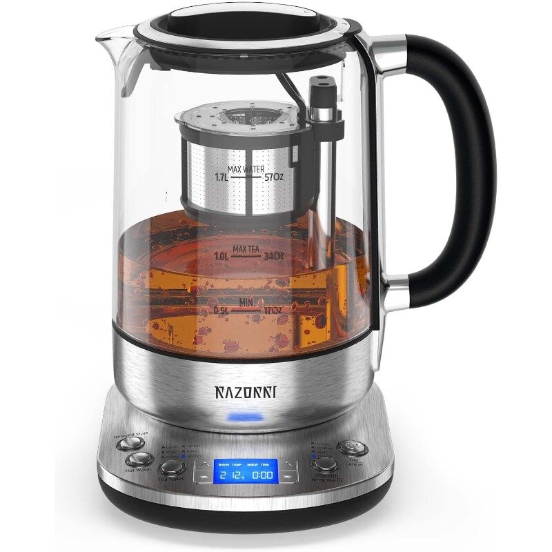 Razorri-TETERA eléctrica con infusor automático para elaboración de té, hervidor de vidrio de acero inoxidable, 1.7L