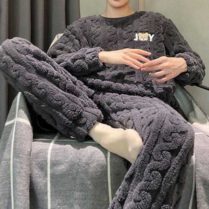 Утепленный домашний пижамный комплект для мужчин, зимний пижамный комплект с круглым вырезом, длинным рукавом, толстая скрученная текстура, эластичная талия, теплый мягкий