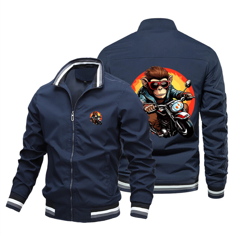 3D Cool Monkey Motorcycle Jacket Spring/Summer Men's Daily Stand up Collar Fashion Long sleeved Flight Trendy Coat.