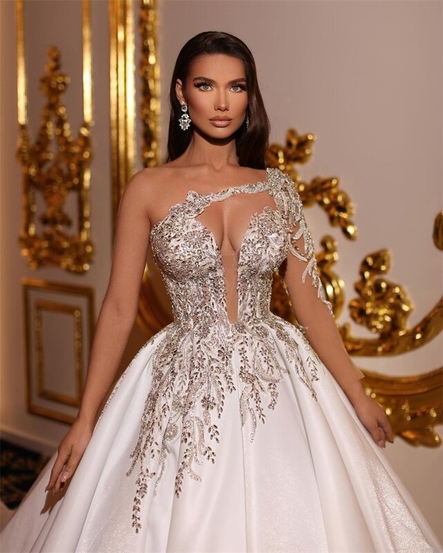 Luxury Dubai Ball Gown Wedding Dress Glitter Sequins Beads One Shoulder Bridal Gown Custom Made Lace Up Back Robes De Mariée