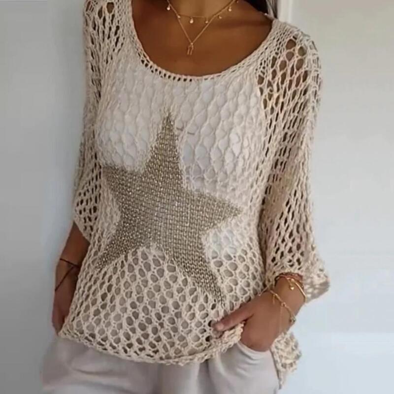 Flattering Cutout Top Stylish Women's Crochet Tops O-neck Fishnet Knit Blouse V-neck Sweater Pullover Summer for Fashionable