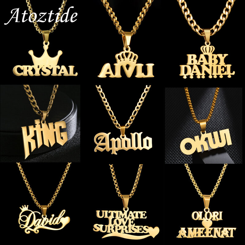Atoztide LC Personalized Custom Names Pendant Necklace Stainless Steel Cuban Thick Chain for Men Women Birthday Jewelry Gift