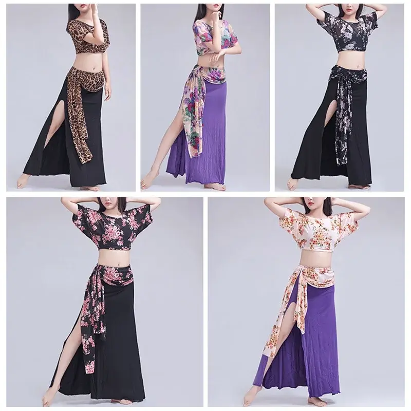 Women Practice Dancewear Belly Dance Lesson Wear Set Bellydance Korean Dancing Costume Top Spilt Skirt Outfit Clothes Suits