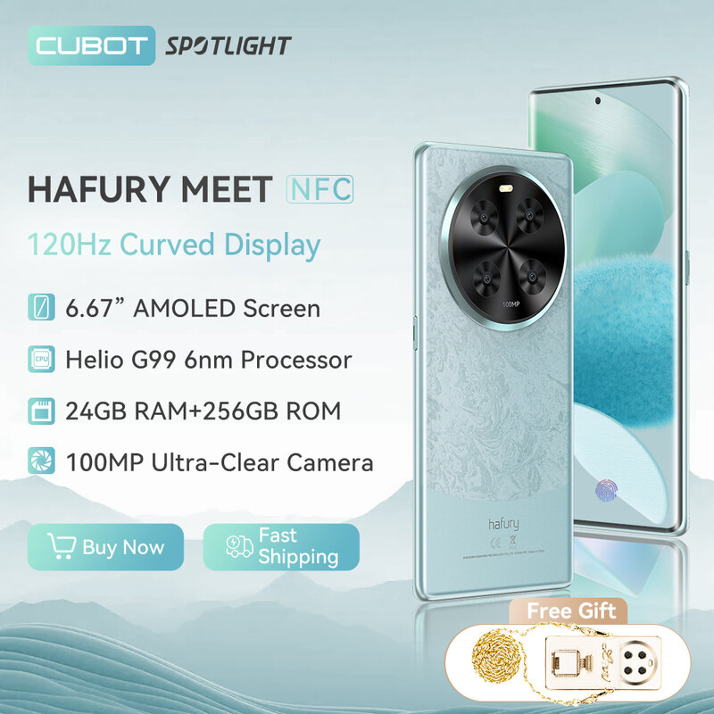 Cubot Hafury Meet, smartphone Android, tela curva AMOLED de 6,67 "120 Hz, 24GB de RAM (12GB + 12GB estendidos), 256GB de ROM, Helio G99, câmera de 100 MP, NFC,Duplo SIM Duplo 4G celular, versão global telefones
