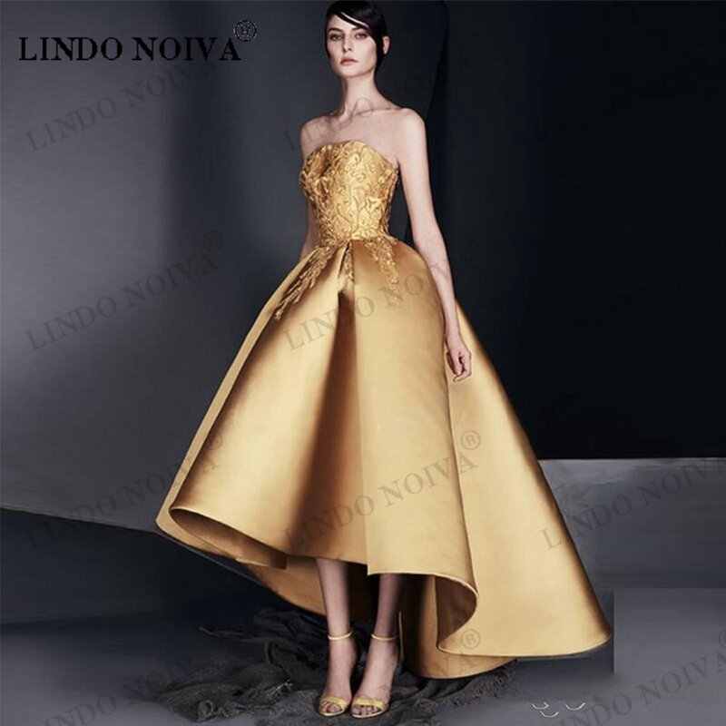 LINDO NOIVA-Vestido de noite com plissado alto baixo, vestido de baile elegante dourado, vestidos de baile sem alças, alta qualidade