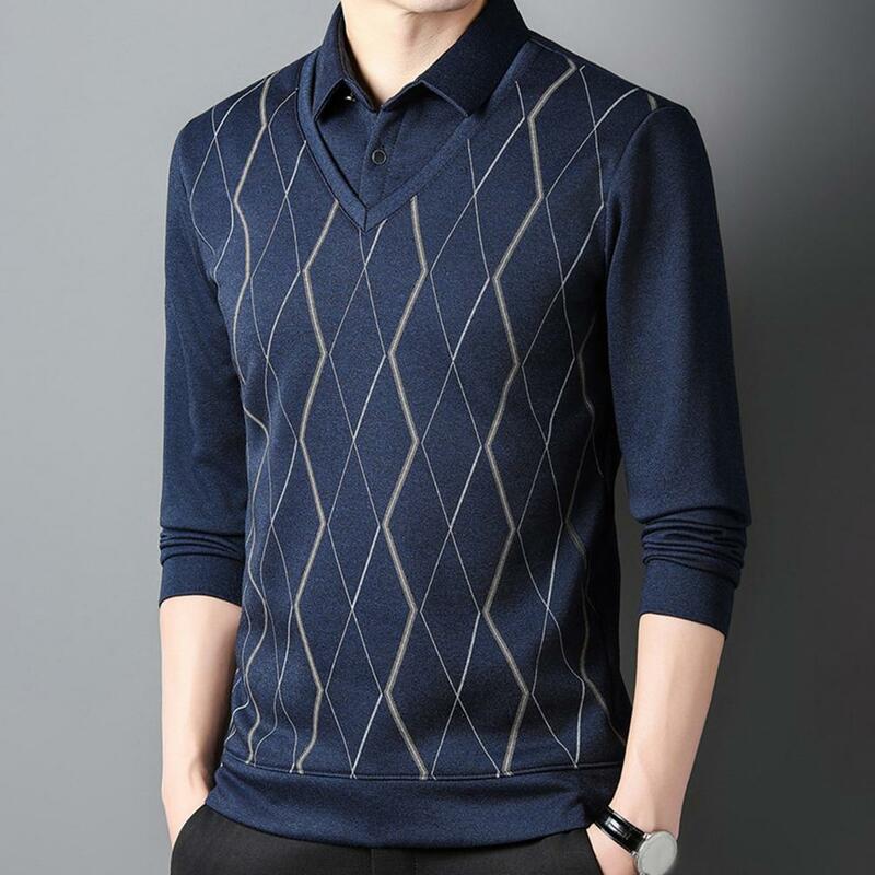 Fall Winter Men Sweater Fake Two-piece Lapel Rhombus Print Knitted Top Slim Fit Plush Long Sleeve Business Mid-aged Top For Men