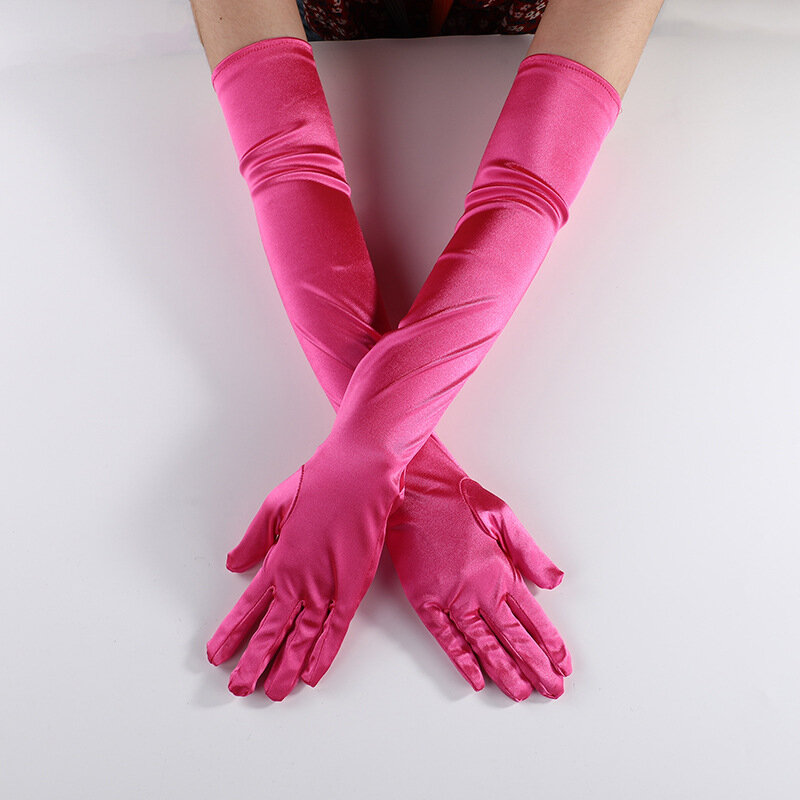 Guanti da festa nuziale morbidi eleganti da 55cm per il ballo di fine anno guanti rosa da donna in raso elasticizzato di moda taglia unica