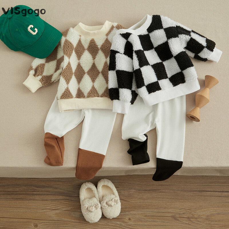 Visgogo coreano criança menino roupas outono inverno quente conjunto de manga longa xadrez impressão cordeiro velo pulôver contraste cor calças