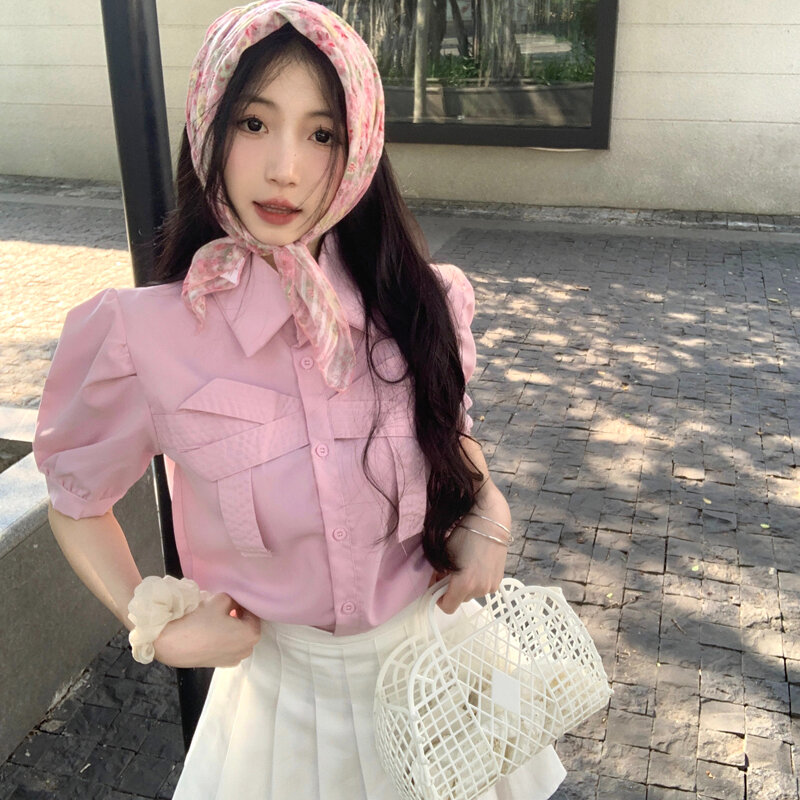 Shirts Women Bow Harajuku Vintage Turn Down Collar Summer Cute French Style Sweet Comfortable All-match New Design Chic Daily