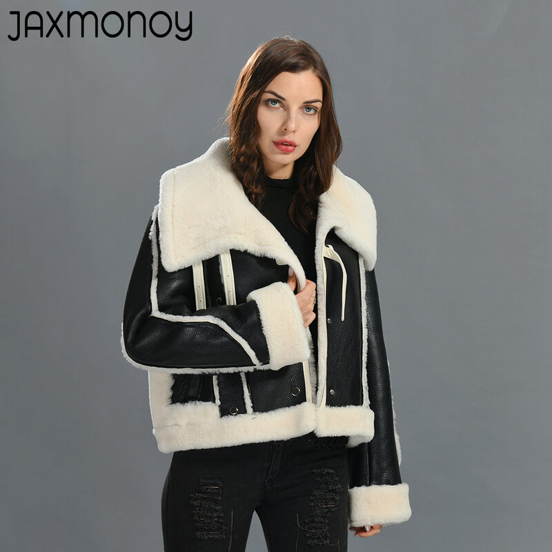 Jaxmony-女性の本物のシープスキンの毛皮の裏地が付いたダブルフェイスのジャケット,アウターウェア,暖かいコート,2022