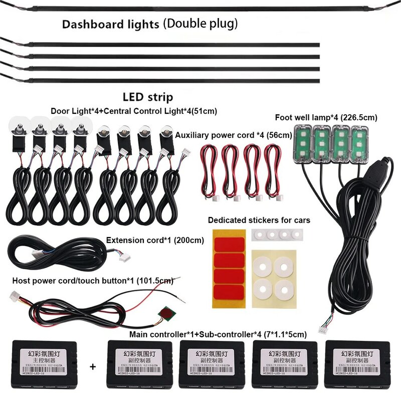 18 in 1 Umgebungs Licht Für Auto Innen 64 Farbe Atmen Dashboard Tür Dekoration LED Streifen Lichter RGB Bluetooth App control 12V