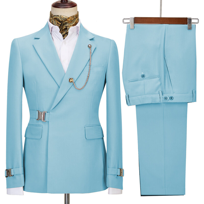 Setelan pakaian pria, 2 buah ramping warna Solid dengan kancing logam cocok untuk bisnis gaun perjamuan pernikahan jaket dengan celana