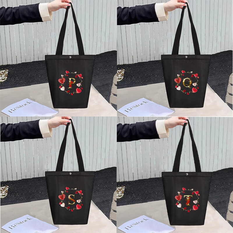 Love Letter Series Pattern Black Canvas Bag Women's Handbag Reusable Folding Bag Storage Bag Large Capacity Bag