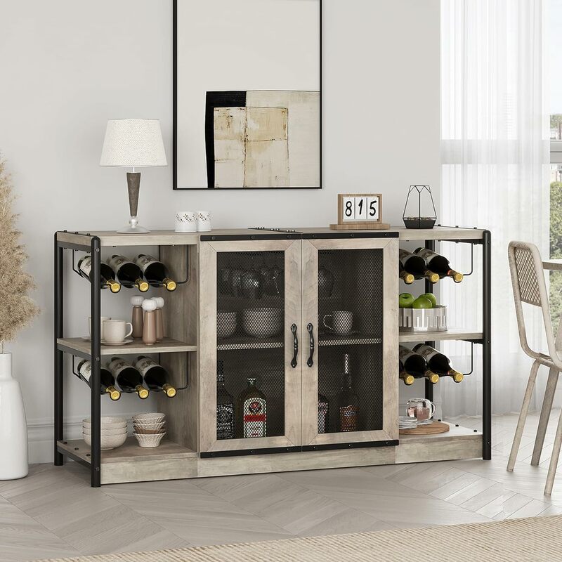 Rustykalna przemysłowa szafka Bar winny z drzwi z siatką pojemne półką na alkohol łatwy montaż w kolorze szarym 55 "x 16" x 31