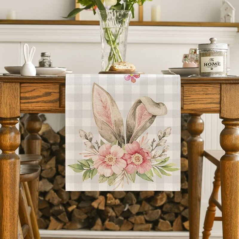 Easter Bunny Table Runner Linen Gnome Eggs Rabbit Dining Table Cloth Easter Placemat Decoration For Home Kitchen 2024 Spring