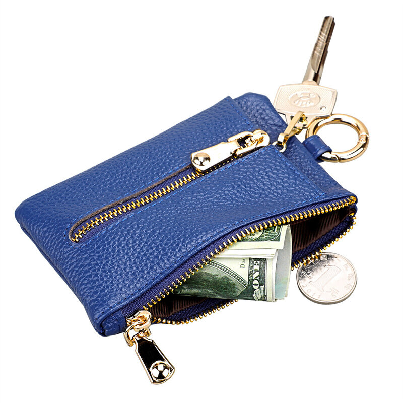 Fashion Genuine Leather Key Clip Multifunctional Mini Coin Purse with Anti-lost Ring Large-capacity Compartment Card Holder