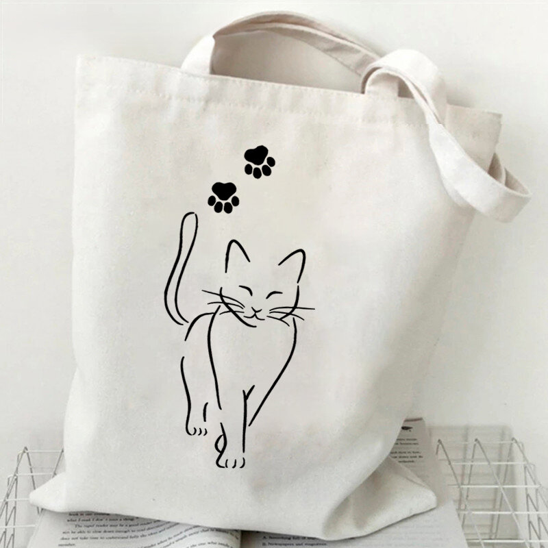 Tas Tote kanvas mode tas belanja gambar kucing hitam kapasitas besar tas belanja bahu remaja tas tangan wanita gambar kartun kucing modis