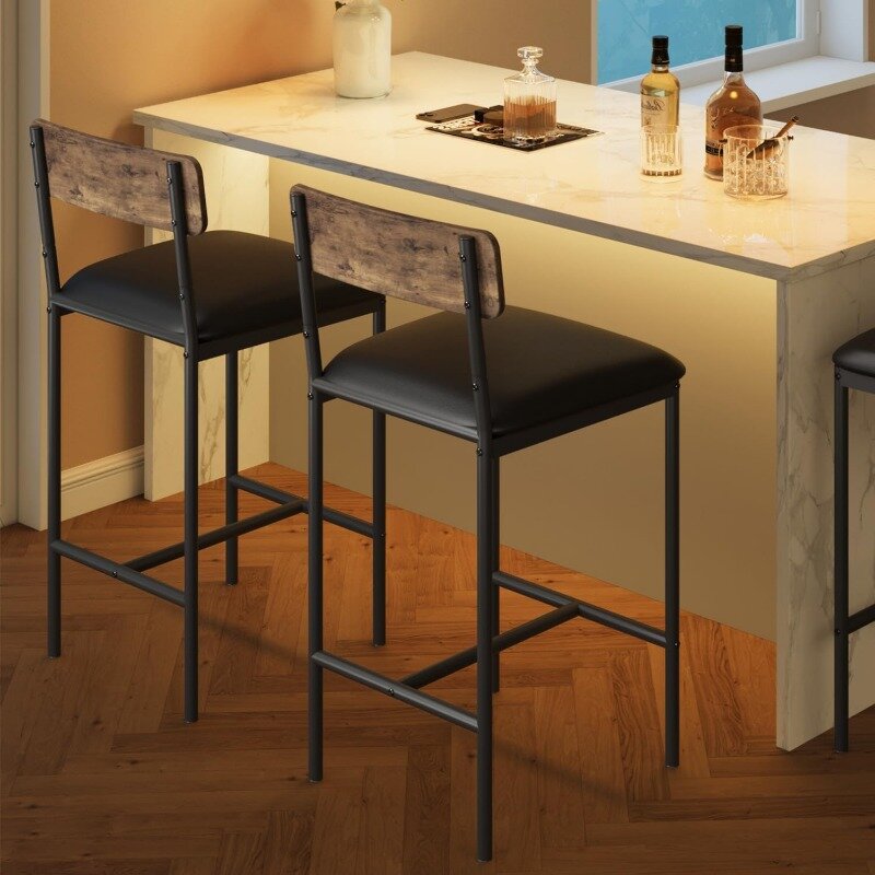 Bar Chairs with Back, Kitchen Bar Stools with Footrest, Thick Cushion, Counter Height Barstools for Island, Counter Bar