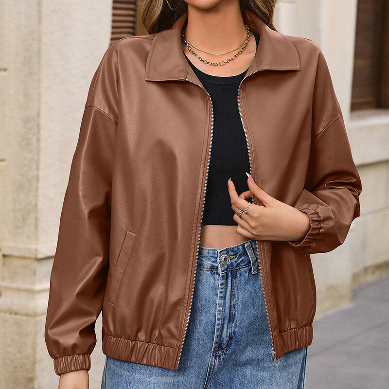 American Style Solid PU Leather Motorcycle Coat Spring Women Turn-down Collar Long Sleeves Zipper Casual Jackets Tops
