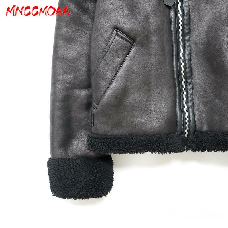 MNCCMOAA 2023 High Quality Winter Women Fashion Loose Thick Warm Faux Leather Jacket Coat Female Casual Zip Pockets Outerwear