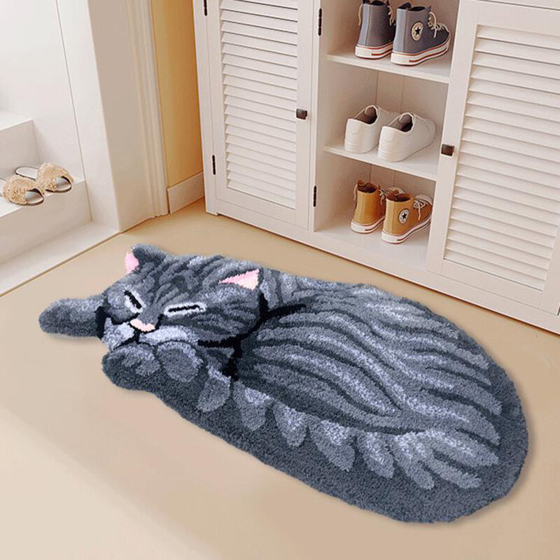 Alfombra de felpa con diseño de gato durmiente, alfombrillas bonitas de dibujos animados para dormitorio, novedad