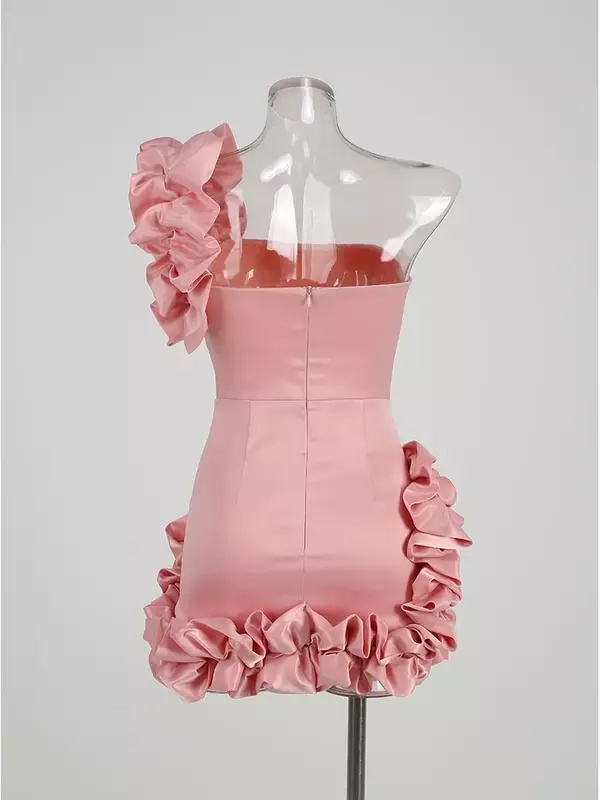 Vestidos de festa babados em cetim rosa para mulheres, vestidos de noite elegantes, mini roupas femininas, moda luxuosa, novo, primavera, 2022