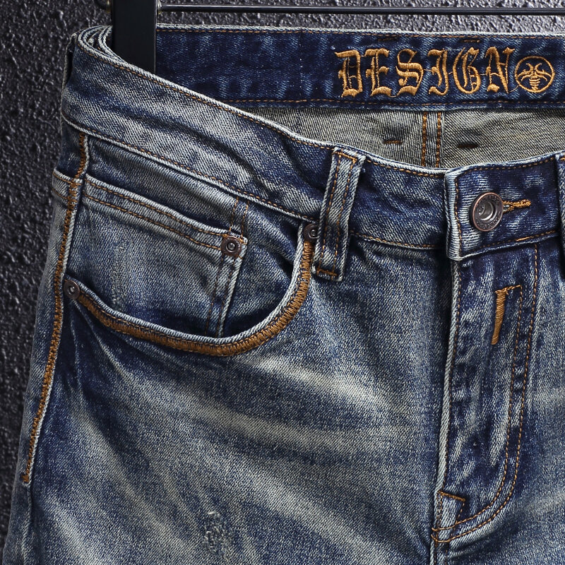 Designer de moda Men Jeans Alta Qualidade Retro Azul Elastic Slim Fit Rasgado Jeans Homens Estilo Italiano Vintage Denim Pants Hombre