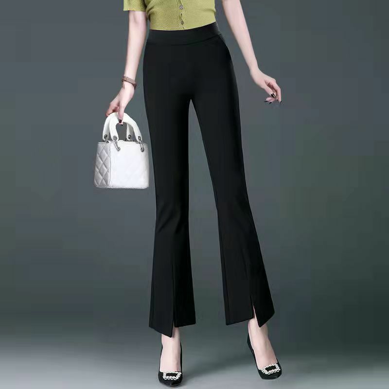 Calça Alarga de cintura alta elástica feminina, senhora do escritório, fina, fenda, versátil, fato casual, moda coreana, primavera, verão, nova