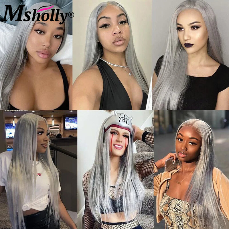 Silver Grey 13x4 HD Transparent Lace Frontal Human Hair Wig Brazilian Remy Human Hair Wigs Colored Straight Wigs For Black Women